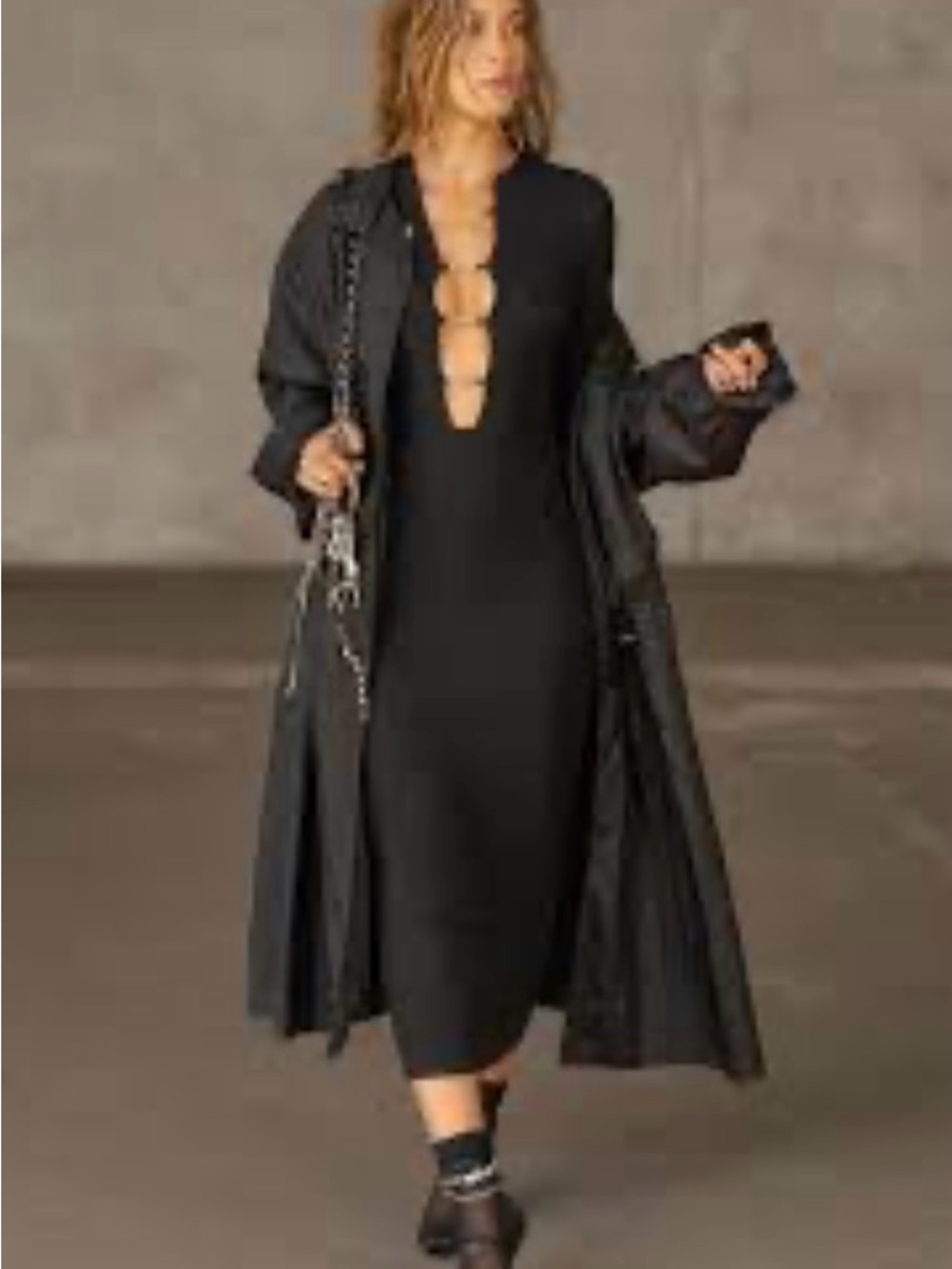 Joah Brown - Black Plunge Midi Dress with Ring Detail - Women